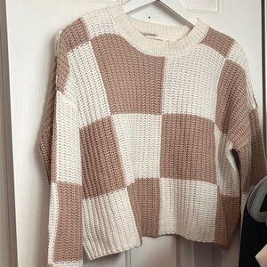 moon & madison Checkered Knit Sweater - Cream and Brown